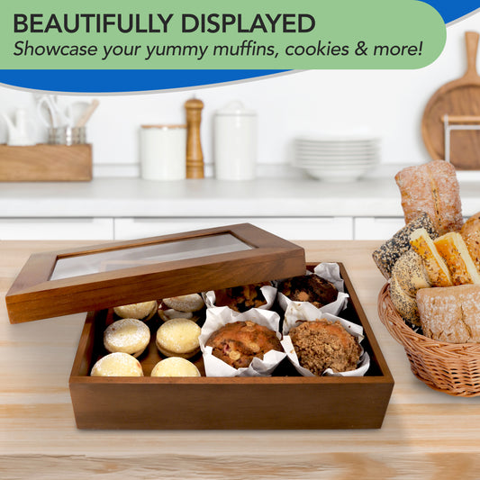 Wooden Bakery Box with Window for Baked Goods - Comes with Reusable Carry Bag