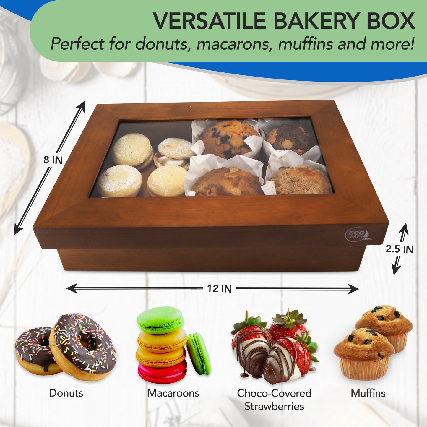 Wooden Bakery Box with Window for Baked Goods - Comes with Reusable Carry Bag