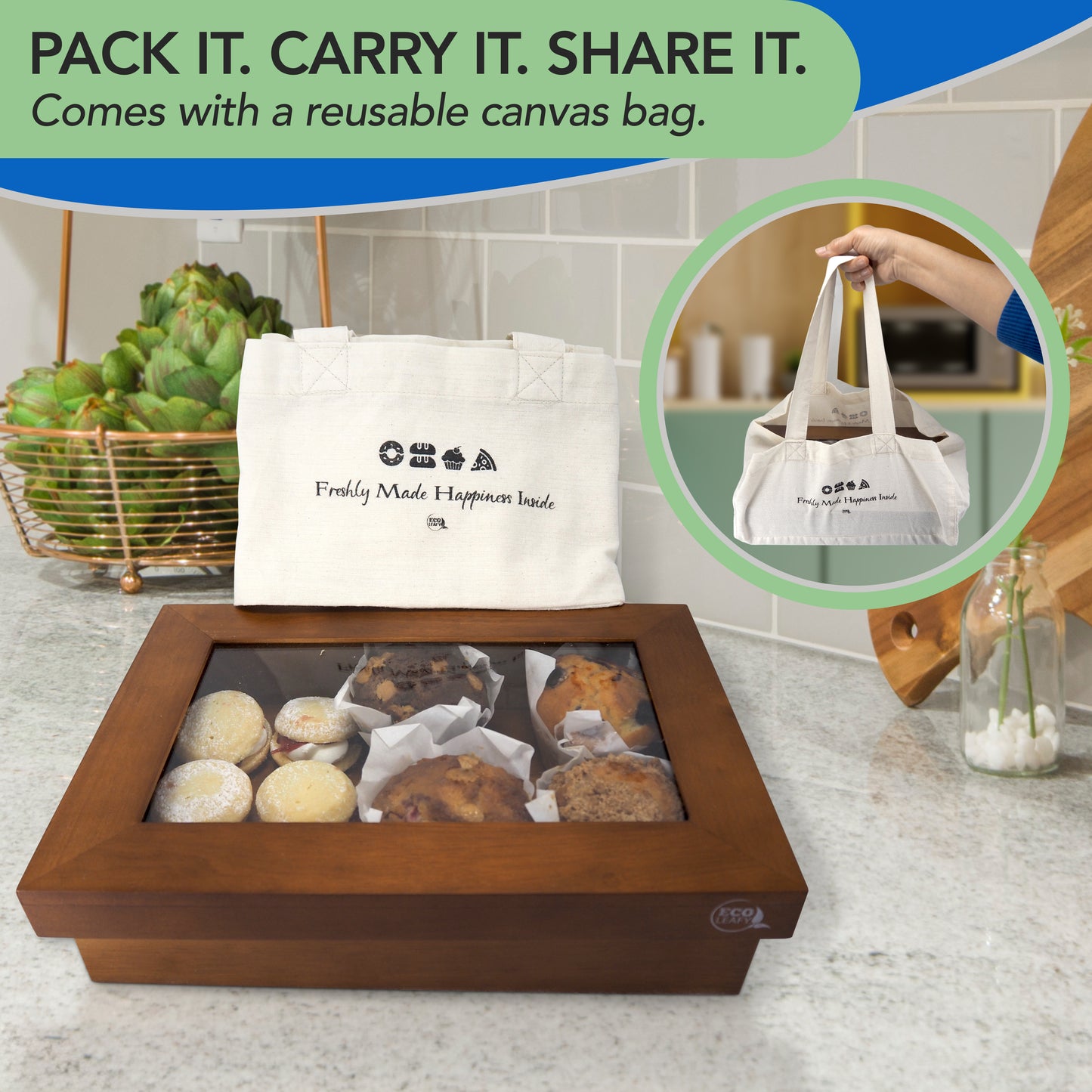 Wooden Bakery Box with Window for Baked Goods - Comes with Reusable Carry Bag
