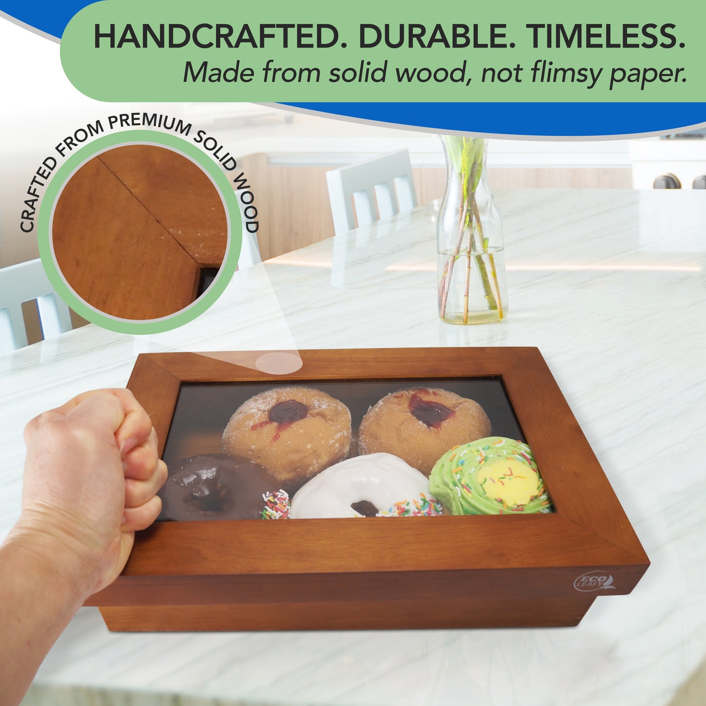 Wooden Bakery Box with Window for Baked Goods - Comes with Reusable Carry Bag