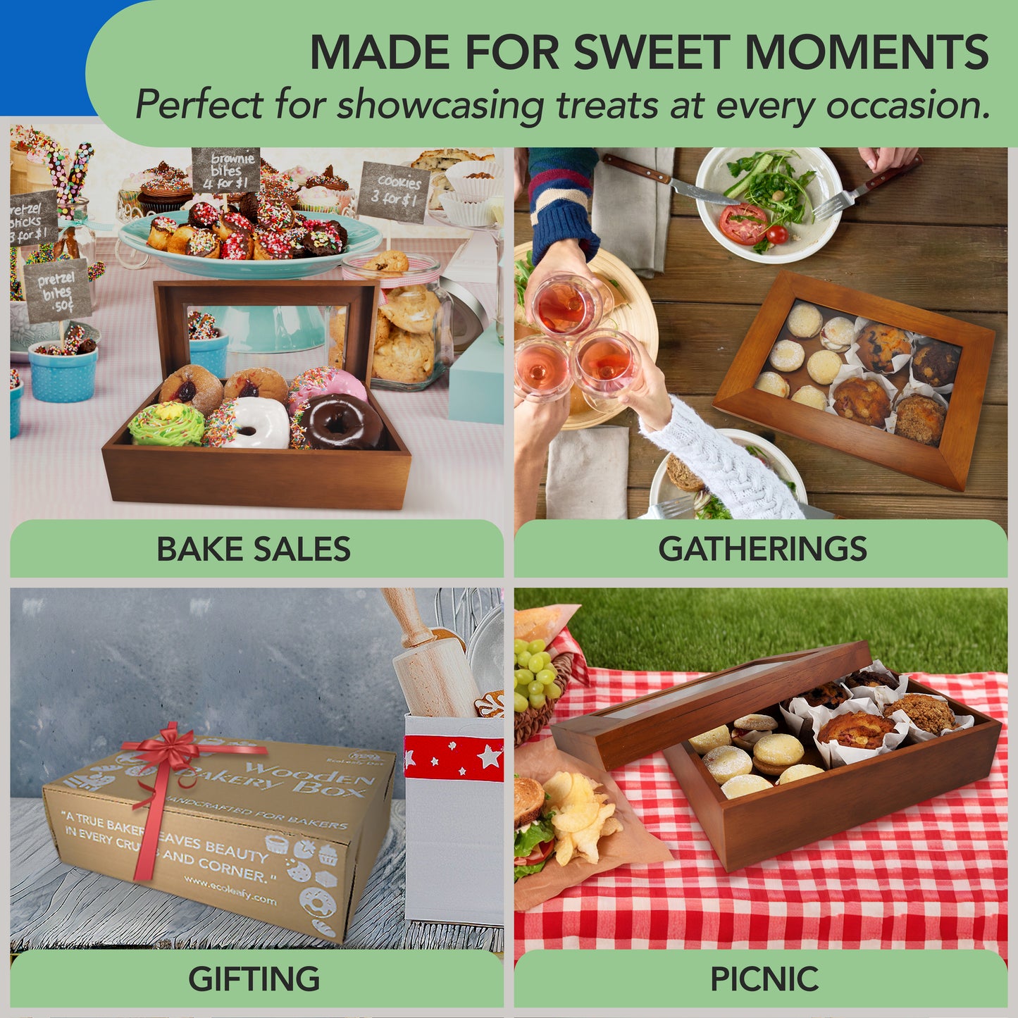 Wooden Bakery Box with Window for Baked Goods - Comes with Reusable Carry Bag