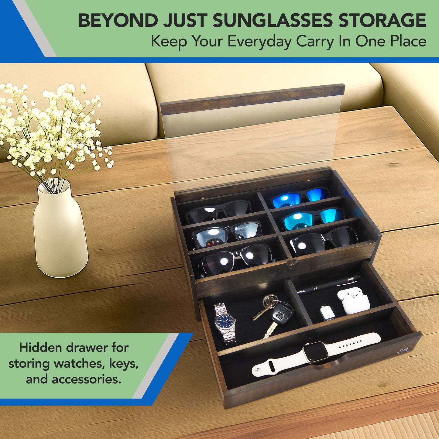 12-Slot Sunglasses or Eyewear Display Organizer with Drawer (Luxura)