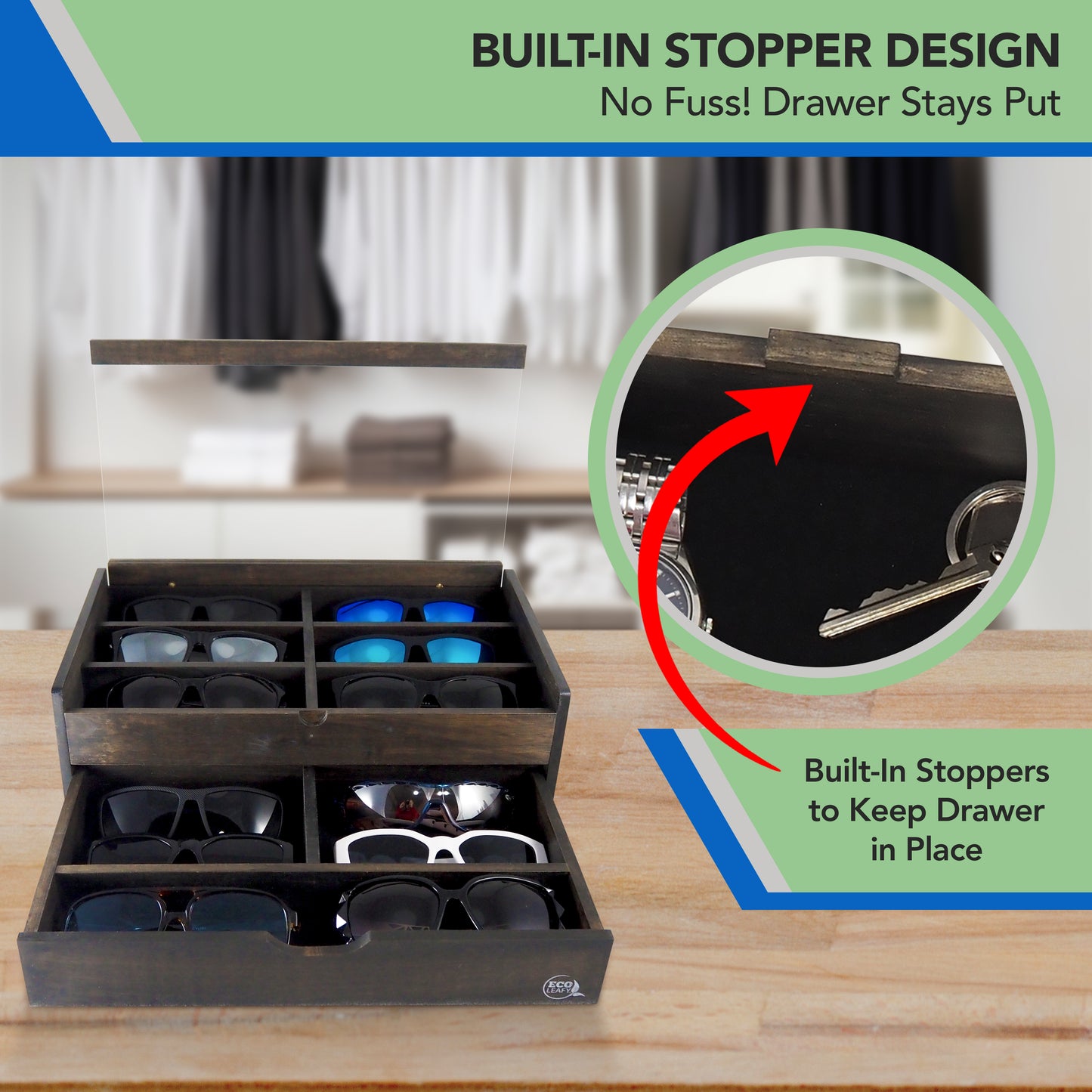 12-Slot Sunglasses or Eyewear Display Organizer with Drawer (Luxura)