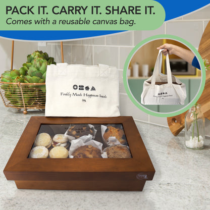 Wooden Bakery Box with Window for Baked Goods - Comes with Reusable Carry Bag