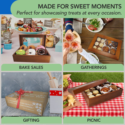Wooden Bakery Box with Window for Baked Goods - Comes with Reusable Carry Bag