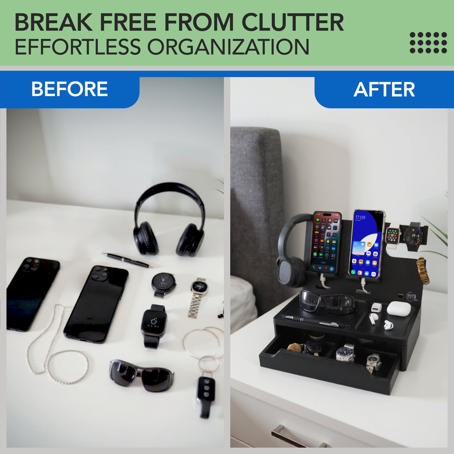Nightstand or Desk Organizer for Cellphone, Watches & Accessories (MZ)
