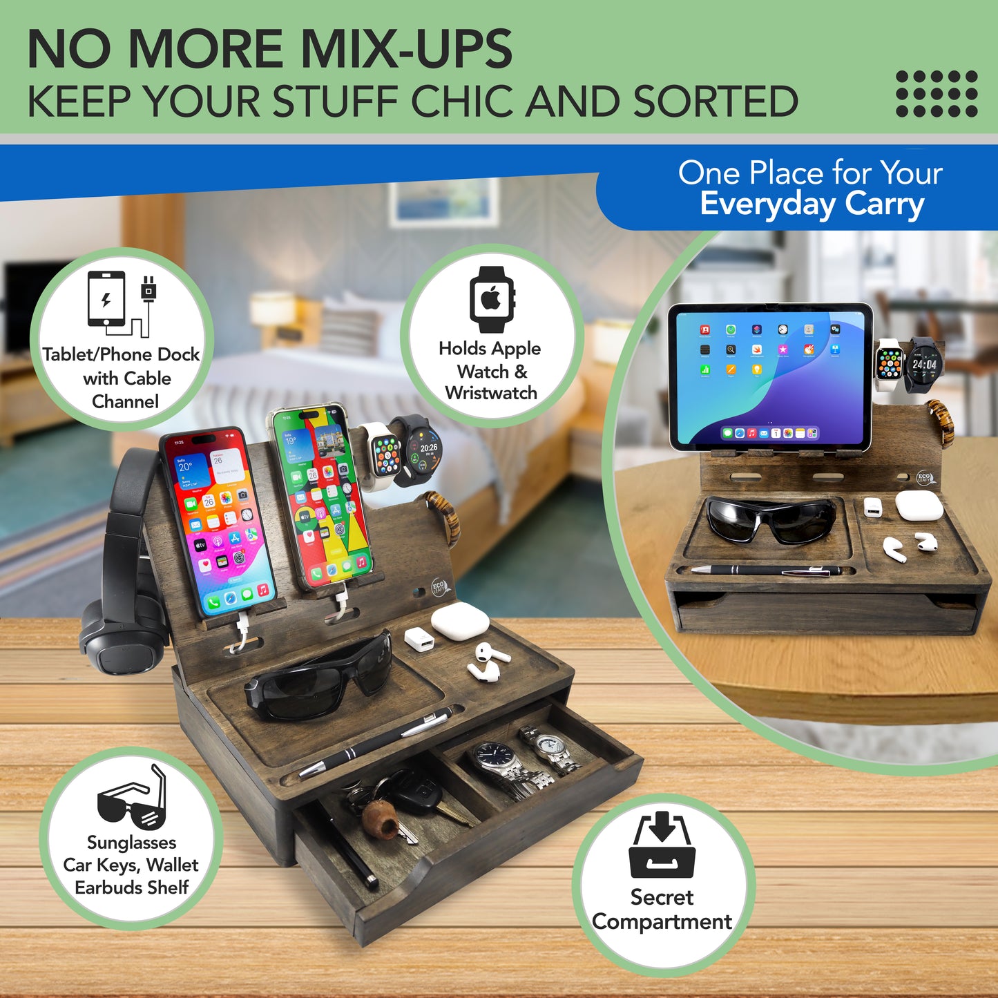 Nightstand or Desk Organizer for Cellphone, Watches & Accessories (MZ)