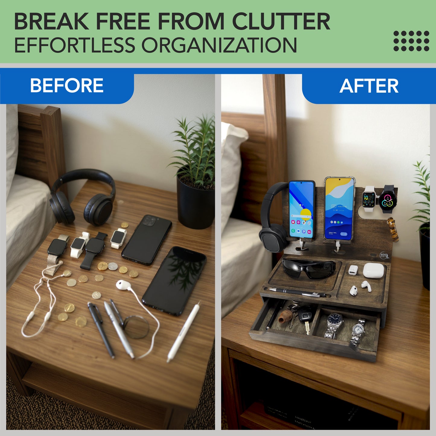Nightstand or Desk Organizer for Cellphone, Watches & Accessories (MZ)