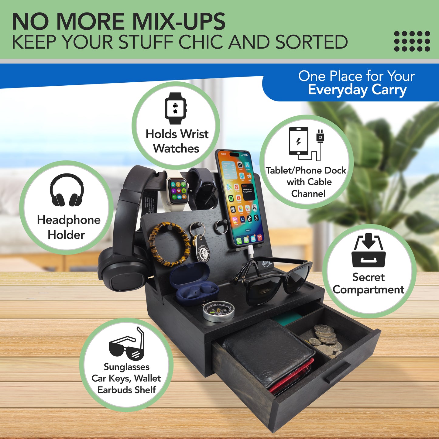 Nightstand or Desk Organizer for Cellphone, Watches & Accessories (M2)